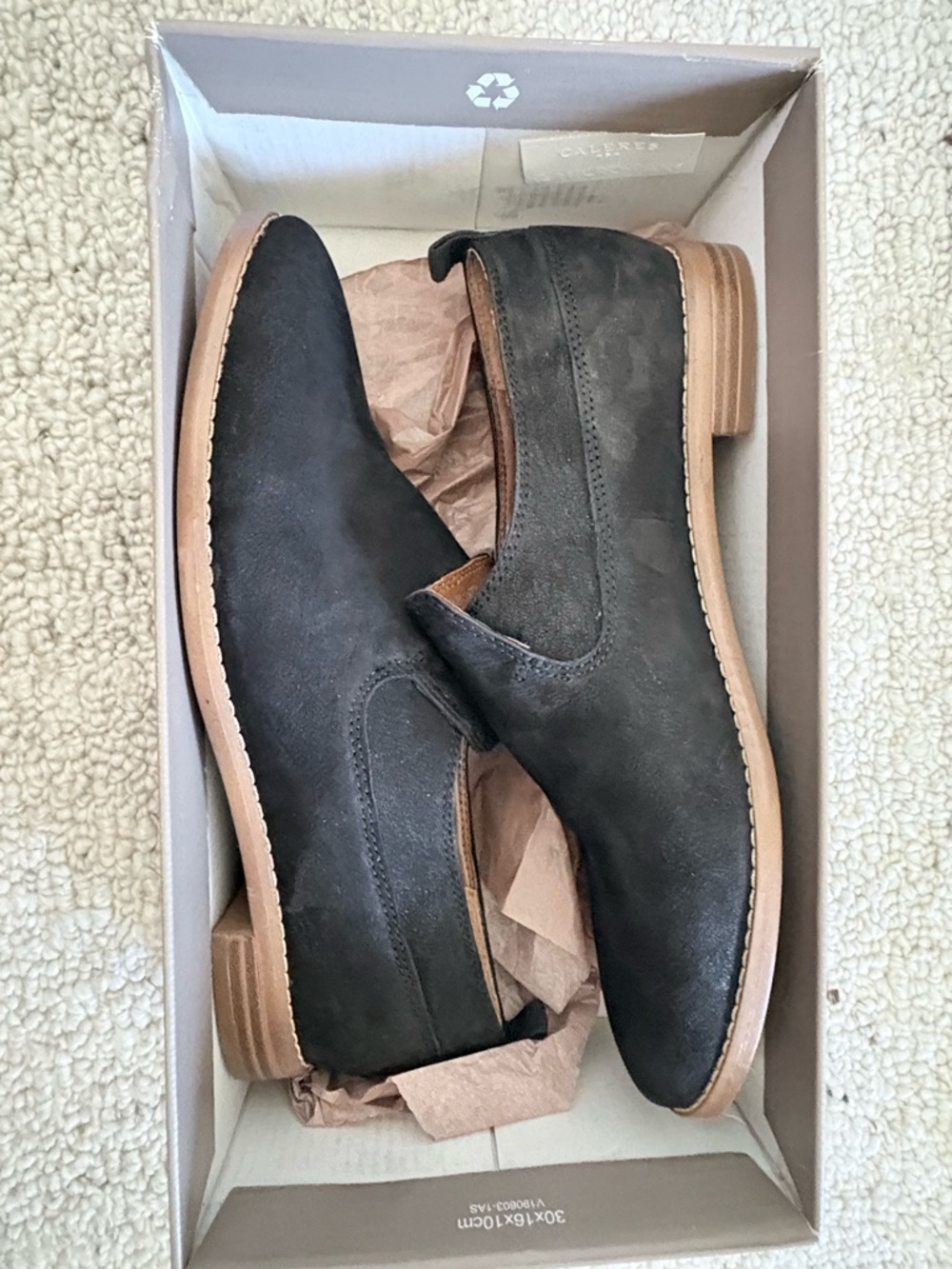 Franco Sarto Black Suede Slip-On Loafers with Tan Stacked Heel